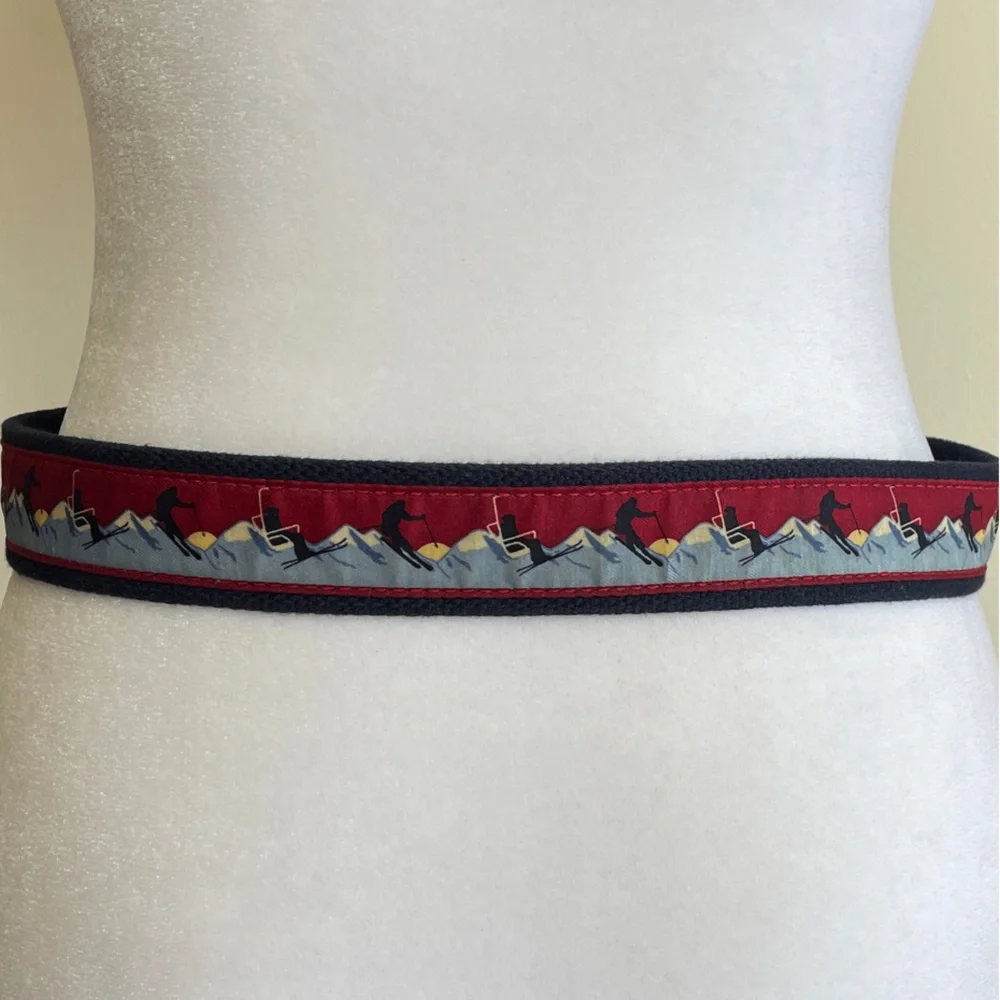 VINEYARD VINES Men's Ski Print Blue Brown Leather Canvas Belt Gold Buckle 30
